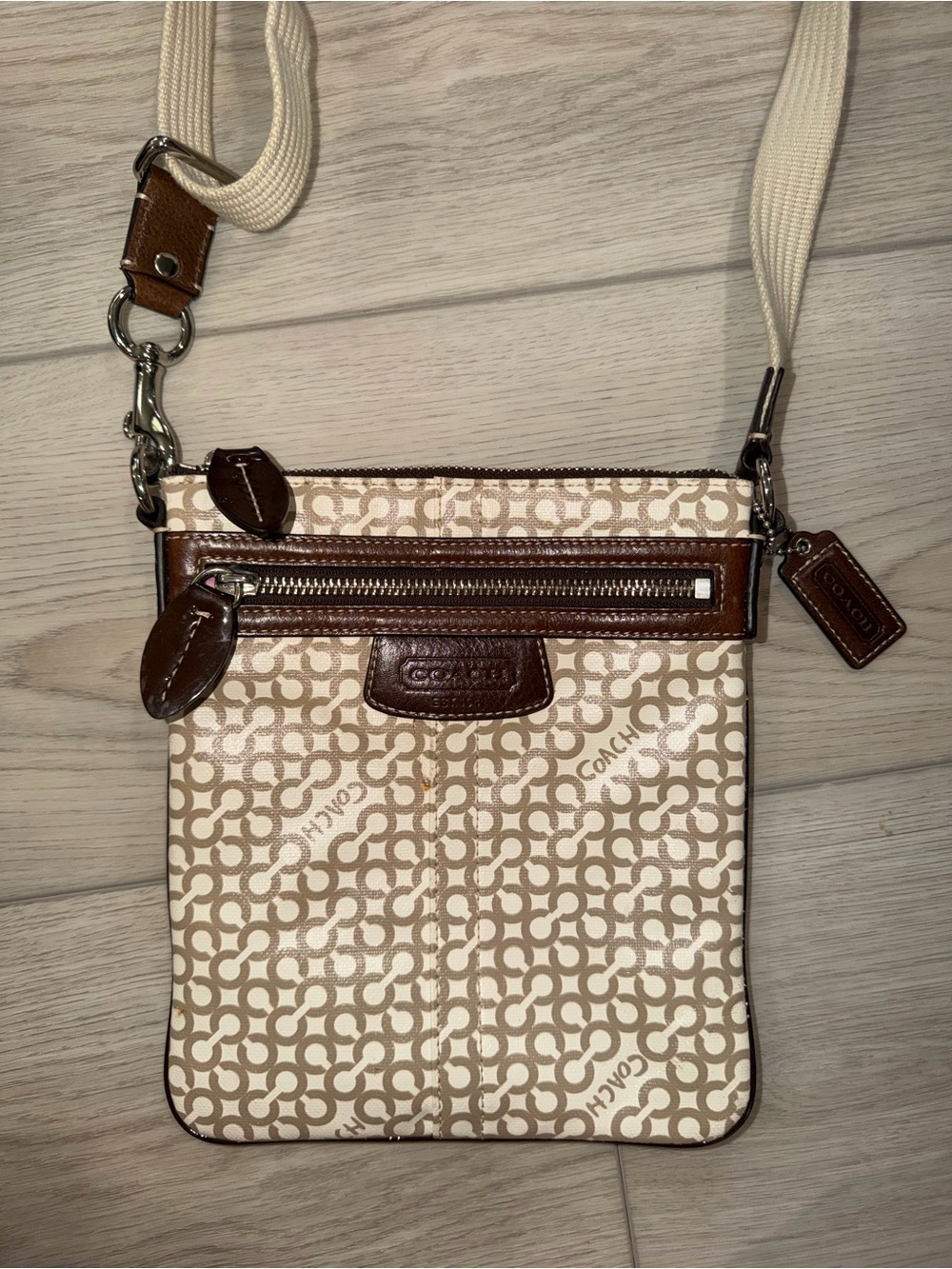 Coach Beige Signature Crossbody with Brown Leather Trim and Cream Strap